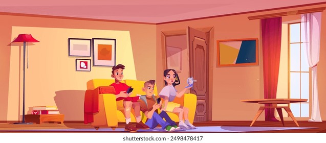 Teenagers friends spend time together in home living room interior. Cartoon vector boys sitting on sofa and floor with mobile phones and girl on couch with mirror. Teenage characters lifestyle.