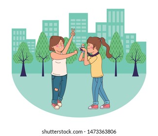 teenagers friends taking photos with camera in the city, urban scenery background vector illustration graphic design.