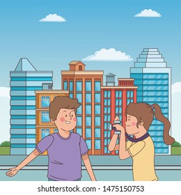 teenagers friends taking photos with camera in the city, urban scenery with street ,vector illustration graphic design.