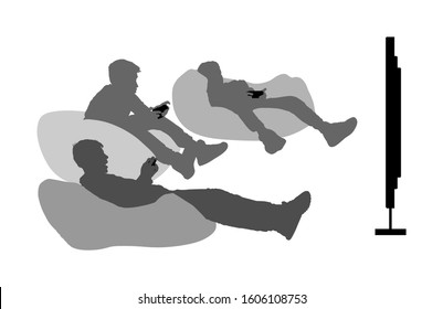 Teenagers Gamer Boys Playing Video Game And Watching Screen Monitor Vector Silhouette Illustration Isolated On White Background. Friends With Joystick On Lazy Bed Enjoying.  Children Entertainment