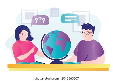 Teenagers in geography lesson study map of world. Students explore large globe in classroom. Concept of education and obtaining knowledge. Curious young people. Trendy flat vector illustration