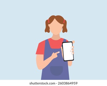 Teenagers girl  holding  smartphone in hand and showing with pointing finger.   Vector illustration.
