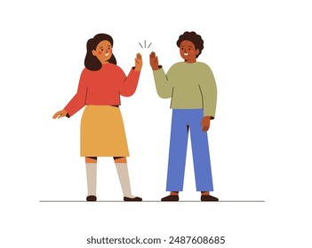 Teenagers give high five to each other. Black boy and white girl do greeting gesture and flap palms. Children's Teamwork and success concept. Friends welcoming each other. Vector illustration