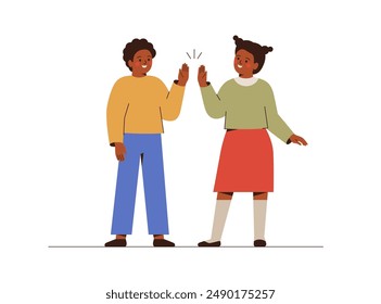 Teenagers give high five to each other. African american boy and girl do greeting gesture and flap palms. Children's Teamwork and success concept. Friends welcoming each other. Vector illustration