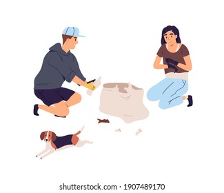 Teenagers in gloves collecting garbage into trash bags. Boy and girl picking up plastic litter to clean nature. Eco volunteers working. Colored flat vector illustration isolated on white background