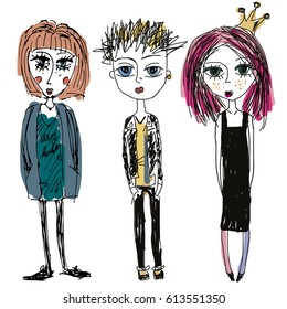 Teenagers group. Fashion young skinny girls and boy. Rock band, modern punks young adults. sketch hand drawn style, doodle illustration
