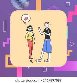 Teenagers having conversation vector illustration. Boy talking, girl using mobile phone. Communication, friendship concept for banner, website design or landing web page