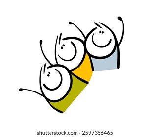 Teenagers having fun at a party. Group of people dancing, celebrating. Crowd of happy people, a dream team. Funny doodle cartoon isolated on white background.