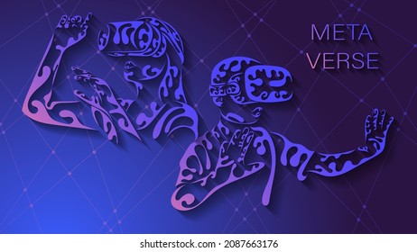 Teenagers having fun play metaverse VR virtual reality glasses. Esport game futuristic neon colorful background, future digital technology game and entertainment. Vector illustration.