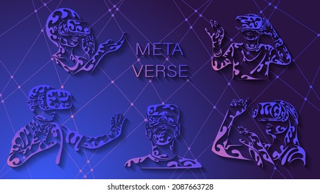 Teenagers having fun play metaverse VR virtual reality glasses. Esport game futuristic neon colorful background, future digital technology game and entertainment. Vector illustration.