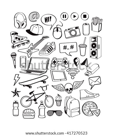 Teenagers having fun. Set icons for teenage boy. Doodles elements isolated on white background for design thinking cool idea with sports, music, multimedia, delicious, shoes. Vector illustration