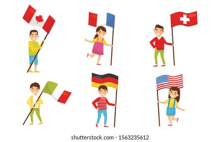 Teenagers hold flags of different countries. Vector illustration.