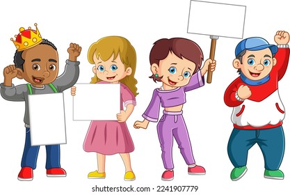 Teenagers holding placard on demonstration. Activists guys, students, peaceful rights protest concept of illustration