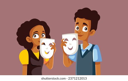 

Teenagers Holding Smiling Theater Masks Enjoying Acting Vector Illustration. Teens attending acting club at school performing with props
