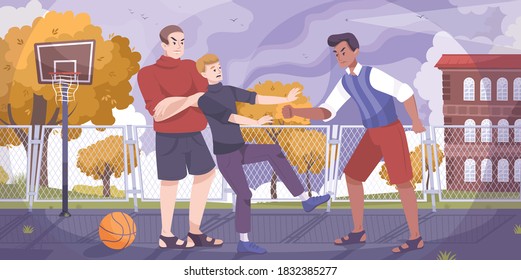 Teenagers hooligan flat composition with school yard scenery and characters of fighting teenagers on basketball playground vector illustration