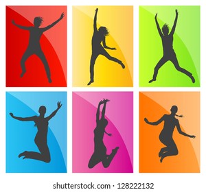Teenagers jumping vector background set