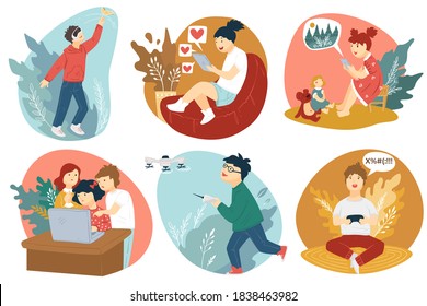 Teenagers and kids chatting online in internet, using smartphones and laptops. Children playing with drone and VR glasses, texting and watching videos on phones. Modern technologies. Vector in flat