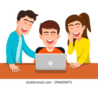 teenagers laughing together while looking at laptop