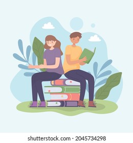 teenagers learning with books cartoon