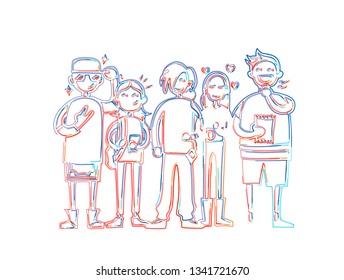 Teenagers Lifestyle Casual Culture Youth Style Concept, 3d Color line art ( RGB ) vector illustration.
