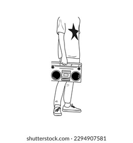 Teenagers lifestyle. Young man with boombox. Music entertainment. Youth style concept. Hand drawn vector illustration.