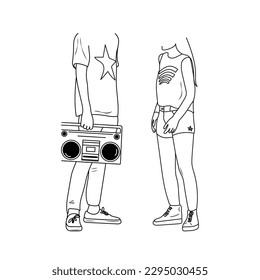 Teenagers lifestyle. Young woman and man with boombox. Youth style concept. Hand drawn vector illustration.