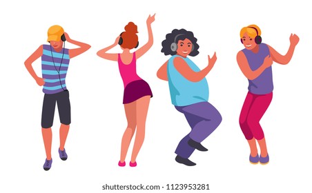 teenagers listening to headphones music and dance. cartoon vector set. 