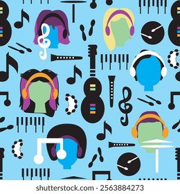 Teenagers listening to Music Seamless Pattern. Colorful graphic vector. Guitar, maracas, drums, flute, cymbal, piano keys, tambourine, notes, drumsticks, headphones, and faces. Blue background.