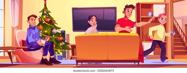 Teenagers in living room on Christmas eve. Vector cartoon illustration of family having fun at home, holiday gift boxes under decorated X-mas tree, father reading letter, children running and joking