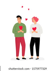 Teenagers in love. Girl and guy with hearts in hands. Valentines Day, love and friendship vector illustration
