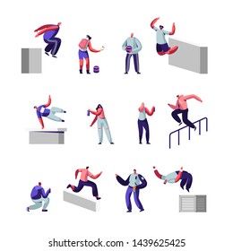 Teenagers Making Parkour Tricks and Paint Graffiti on Street Set. Young Men Jumping Over Walls and Barriers, Urban Culture, Active Lifestyle, Sport Outdoors Activity. Cartoon Flat Vector Illustration