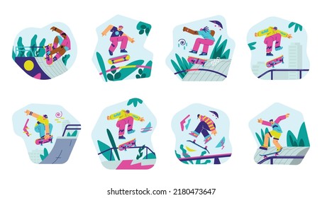 Teenagers making tricks on skateboards in skatepark, flat vector illustration isolated on white background. Set of cartoon characters riding skateboards on the streets of the city. People skating.