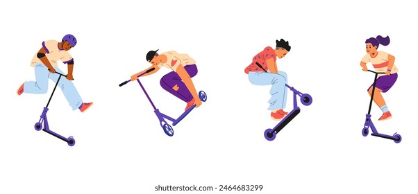 Teenagers making tricks on stunt scooter set of flat vector illustrations isolated on white.