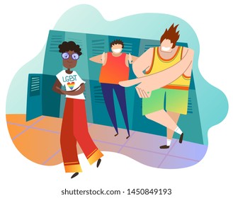 Teenagers mocking female classmate at school. Afro-american girl is lesbian. Concept of infringement of rights of LGBTQ community. Adolescent violence, mockery. Bullying. Colored vector illustration