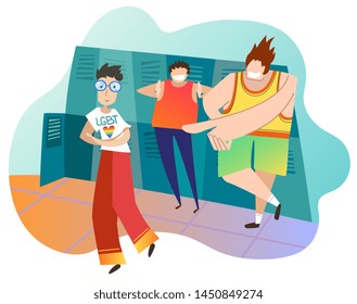 Teenagers mocking female classmate at school. Teenage girl is lesbian. Concept of infringement of rights of LGBT community. Adolescent violence, mockery. Bullying. Colorful vector illustration
