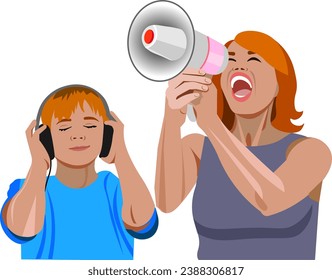  Adolescentes madre trata de hablar con él a través del altavoz, pero su hijo no la escucha tiene auriculares El adolescente escucha tranquilamente las recetas musicales con los ojos cerrados   emociones de madres Vector