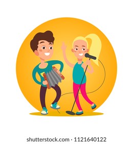Teenagers musician group. Girl and boy making art perfomance. Vector illustration