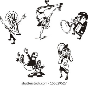Teenagers - musicians and dancers. Set of black and white vector illustrations.