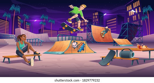 Teenagers at night skate park, rollerdrome perform skateboard jumping stunts on pipe ramps and relax. Extreme sport, graffiti, youth urban culture and teen street activity, Cartoon vector illustration