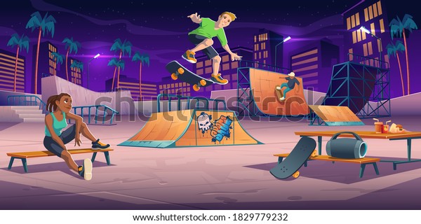 Teenagers at night skate park, rollerdrome\
perform skateboard jumping stunts on pipe ramps and relax. Extreme\
sport, graffiti, youth urban culture and teen street activity,\
Cartoon vector\
illustration