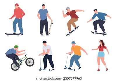 Los adolescentes en patines, motos, bicicletas se divierten. Deportes fuertes, estilo de vida activo. Ilustración del vector