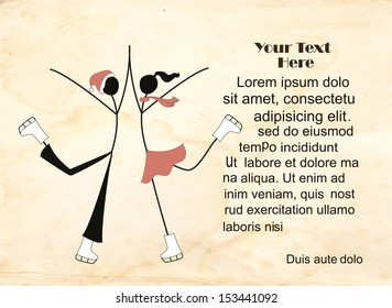 Teenagers on a skating ring on a vintage background with place for text