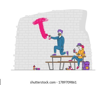 Teenagers Painting Graffiti On Brick Wall. Urban Teen Lifestyle, Young People Creative Hobby Activity, Street Artist Characters Men And Women Drawing With Paint Cylinders. Linear Vector Illustration