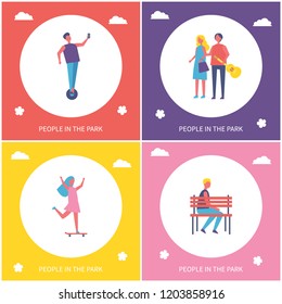 Teenagers in park having fun cartoon style vector banner set. Young couple walking and guy riding on unicycle, girl on skateboard and boy on bench