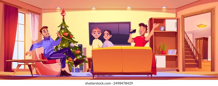 Teenagers play cruel joke on man. Male character scared and screaming because of drawn spider on his glasses with marker in home living room interior on Christmas. Cartoon vector teen brawlers.