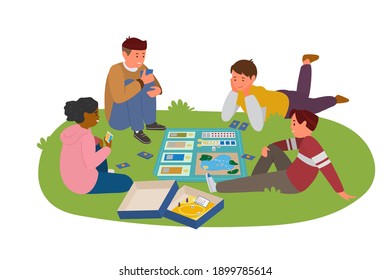Teenagers Playing Board Game Outdoors Laying On Grass Vector Illustration. Isolated On White.