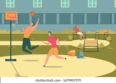 Teenagers Playing Outdoor Basketball, Girl Sitting on Bench Flat Cartoon Vector Illustration. Active Students Having Healthy Lifestyle. Teens Doing Sport or Training. Summer Activity.