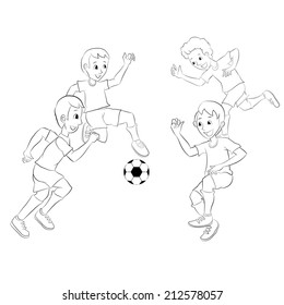 Teenagers playing soccer. Outline vector concept