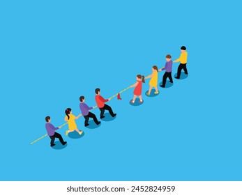 Teenagers playing Tug of War 3d isometric vector illustration