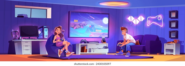 Teenagers playing video game in living room. Vector cartoon illustration of happy student friends sitting with joysticks in hands, space arcade game on tv display, computer on desk, neon lamp on wall